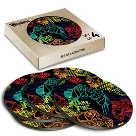 4 x Round Coasters - Game Time Gamer Gaming Mens Boys Cork Backed MDF Glossy Tea Coffee Accessory #170579