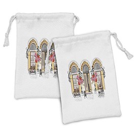 Lunarable Urban Fabric Pouch Set of 2, European Coffee Shop at Paris Streets with Flowerbeds and Parisian Romantic Print, Small Drawstring Bag for Toiletries Masks and Favors, 9" x 6", Multicolor