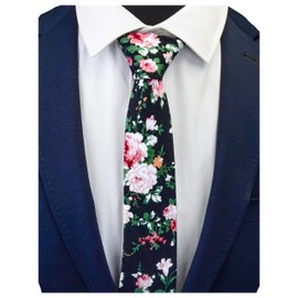 GUSLESON Mens Black Skinny Ties for Groomsmen Wedding Floral Cotton Tie Slim Necktie (0943-06)