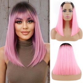 Huarisi 1bPink U Part Bob Wigs Human Hair 14 Inch Ombre Short Bob Straight Hair Wigs with Clips in Extensions for Women None Lace Black and Highlight Pink Colour Blends Natural