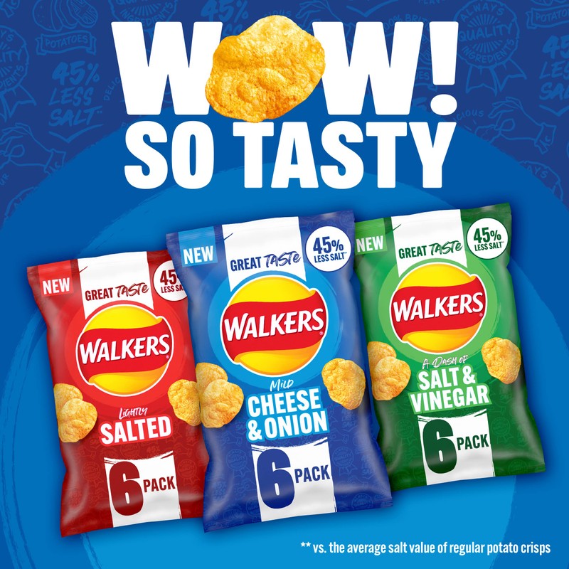 Walkers Less Salt Mild Cheese & Onion 6pk
