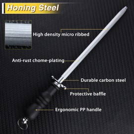 LEONTOOL Professional Knife Sharpener Rod, 15 Inch Honing Steel, Kitchen Knife Sharpening Steel, Carbon Steel Sharpening Rod with Ergonomic Handle, Honing Rod for Chef Knive, Kitchen Gift for Butcher