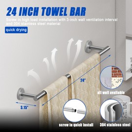 Bathroom Hardware Accessories Set, 7Piece Silver Towel Bar Set Stainless Steel, Towel Racks for Bathroom Wall Mounted Towel Holder Set, 24 inch
