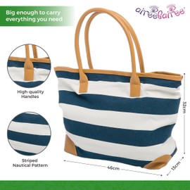 Beach Bag Womens Canvas Summer Tote Bags Striped Nautical Shopper 46 x 32 x 13 cms Closure Magnetic Clasp Airee Fairee (BLUE)(Size:L)