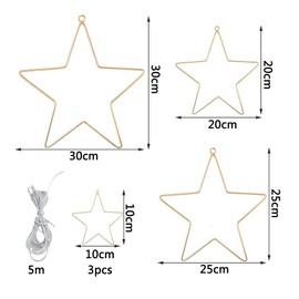Pack of 6 Metal Ring Stars, Wire Stars, 10/20/25/30 cm, Metal Frame Star, Metal Star, Wire Star, Wire Stars, Metal Star Christmas Decoration with 5 m Jute String (Golden)