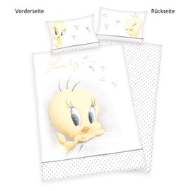Herding Looney Tunes Organic Bed Linen Set, GOTS Certified, Reversible Motif, Pillowcase 40 x 60 cm, Duvet Cover 100 x 135 cm, Cotton/Renforcé, White/Multicoloured, 100 x 135 cm