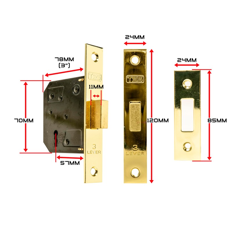 TSS 3 Lever Mortice Lock 79mm PB