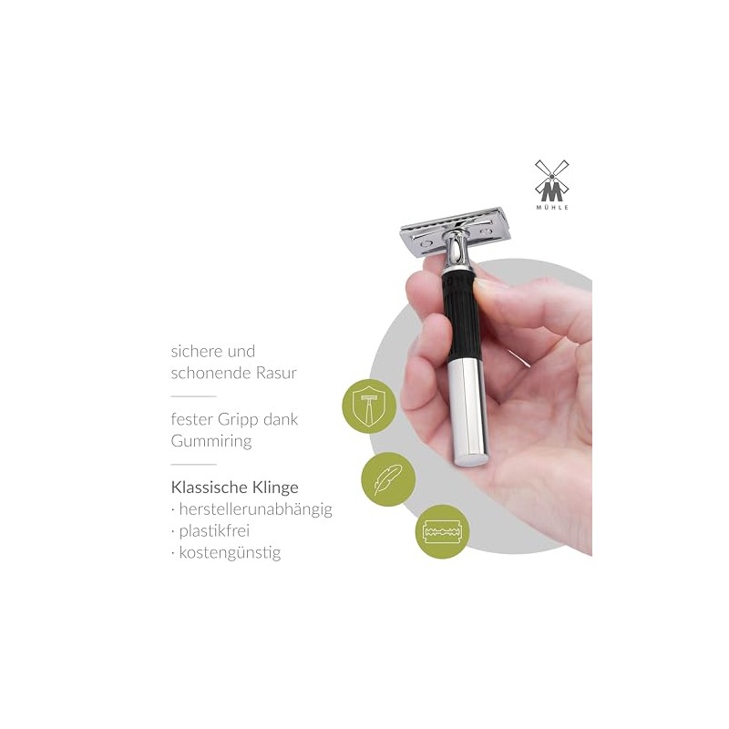 MÜHLE NEO Safety Razor, Rubber Grip Handle in black, Closed