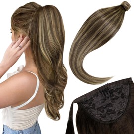 LaaVoo Ponytail Extension Real Hair Brown Blonde 80 g Clip-In Remy Braid Real Hair Ponytail Ombre Brown Balayage Blonde 50 cm Real Hair Ponytail Extensions Straight #4/27/4 Dark Brown and Honey Blonde