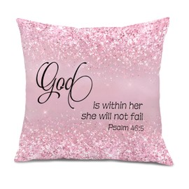 XUNLURY God is Within Her She Will Not Fail Christian Pillow Covers 18x18, Christian Room Home Decor, Glittery Pink Religious Bible Verse Decorative Pillow Covers for Girls Dorm Bedroom