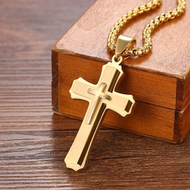 Cupimatch Men's Vintage, Stainless Steel, Crucifix Pendant Necklace with Engraving, Bible Prayer in English, Gold and Silver Byzantine Chain, 65 cm, Stainless Steel