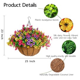 14 inch Artificial Hanging Plant Basket with 36 Pcs Silk Flowers for Spring Summer Outdoor Outside Decor Set of 2,Fake Daisy UV Sun Resistant for Porch Patio Balcony Yard Decor (red Yellow Purple)