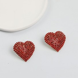 Rhinestone Heart Love Big Stud Earrings for Women Dainty 925 Sterling Silver Post Big Crystal Hearted Studs Pin Hypoallergenic Minimalist Fashion Wedding Her Mom (Red)