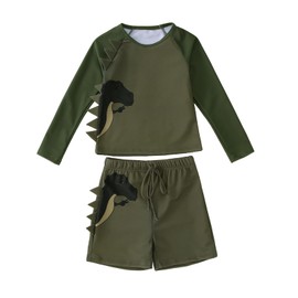 AFUKUIA Toddler Baby Boy Dinosaur Sun Srotection Swimsuit Kid Long Sleeve Funny Dino Rashguard Swimwear Trunks Bathing Suit(Green,1-2 Years)
