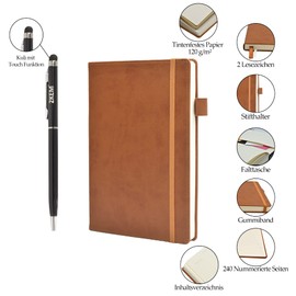 2KEM Notebook A5 - Hard Cover, 240 Pages Cream / 120 g/m², Numbered, Folding Pocket, Elastic Band, Pen Holder, Table of Contents, 2 Bookmarks, Touch Pen - Ideal as a Gift (Lined, Ochre)