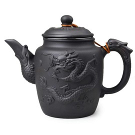 Clay Teapot Chinese Dragon Ceramic Tea Pot 20oz with Stainless Steel Infuser for Stovetop Herbal Tea Kettle (Black)