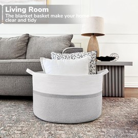 CHICVITA XXL Extra Large Cotton Rope Woven Basket, Throw Blanket Storage Basket with Handles, Decorative Clothes Hamper,22" x 22" x 14"