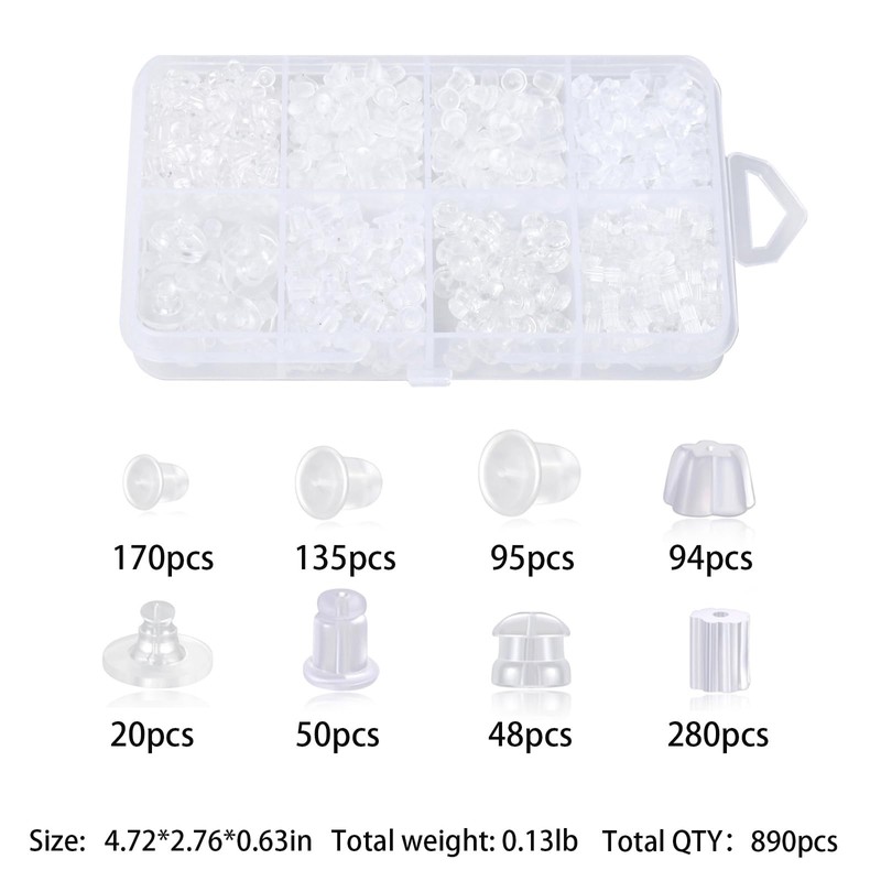 850 Pcs Rubber Earring Backs for Studs 8 Styles Clear