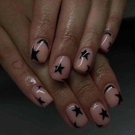 Star Press on Nails Short Square Fake Nails Glossy False Nails Press ons with Black Star Designs,Reusable Acrylic Nails Full Cover Artificial Stick on Nails for Women Manicure 24 Pcs