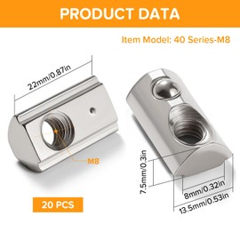 Lyeteung 20 Pieces 40 Series M8 T-Spring Nuts, Roll-in Spring T-Nuts, Half Round Roller in Spring T-Groove, for European Standard 40 Series 8 mm T-slot Aluminium Extrusion Profile