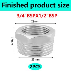 QZKJQDD 2 Pcs 304 Stainless Steel Reducer Hex Bushing, 3/4" BSP Male to 1/2" BSP Female Pipe, Reducing Adapter Fitting Converter, for Water Oill Air Gas