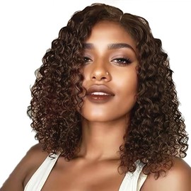 Closure Bob Wig Human Hair Chocolate Brown Glueless Wigs Human Hair Pre Plucked Pre Cut Short Glueless Wig Middle Part Curly Bob Wig Water Wave Lace Frontal Wigs Human Hair For Black Women 14Inch