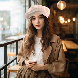 IHAUIUE Solid Color Berets Hat Fluffy French Hats Classic Artist Caps for Women, Ladies, Girls, Beige