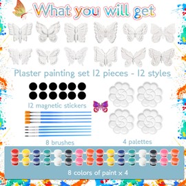 Arrowbash 12 Sets Butterfly Painting Kit Summer Ceramic to Paint Your Own Butterfly Unpainted Paintable Ceramics with 12 Magnet 8 Brushes and 4 Palette Spring DIY Arts and Crafts for Party Adults