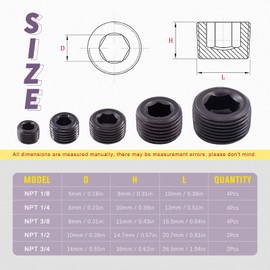 Swpeet 40Pcs 5 Sizes NPT Carbon Steel Pipe Fitting Assortment Kit, 1/8" 1/4" 3/8" 1/2" 3/4" NPT Plug Carbon Steel Internal Hex Thread Socket Pipe Plug Set for Use in Wet Environments