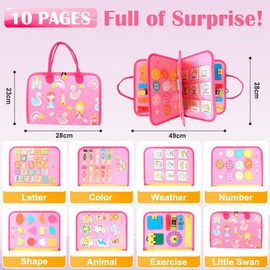 TINY SPARK Busy Board Montessori Toys Educational Sensory Toys for Toddler Sensory Toys 15 Activities and 6 Themes for Boys and Girls with a Storage Bag(Pink)