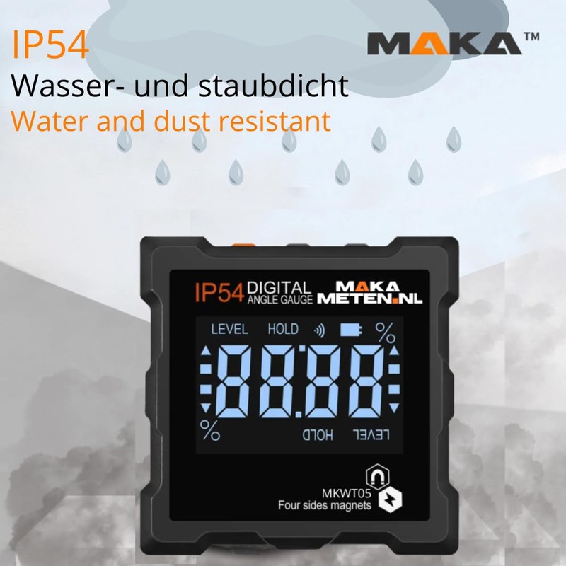 MAKA Digital Inclinometer, Accuracy from 0.1° to 0.2°, Magnets on