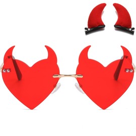 Goth Horns Heart Sunglasses for Women Rimless 90s Punk Heart Glasses Trendy for Party Festival colored Sunglasses