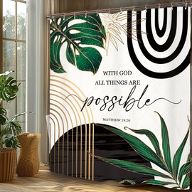 Miyotaa Abstract Emerald Green Shower Curtain Set 60Wx71H Inches Bible Christian Inspirational Motivational Minimalist Modern Tropical Leaves Contemporary Bathroom Curtain with 12 Hooks