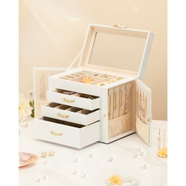 Enthralite Jewelry Box with 3 Drawers: Display Organizer for Earrings Necklaces - Gift for Girls Women (White)