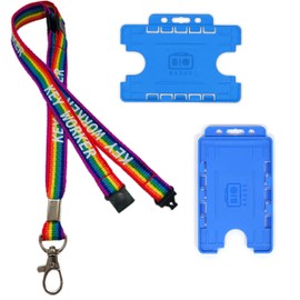 Rainbow 15mm Key Worker Neck Lanyard with 3 Point Safety Breakaway & Double Blue ID Card Holder (Horizontal Card Holder)