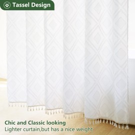 EurCross Extra Long Shower Curtain 84 inch Length,Tufted Geometric Tassels Design,Soft Comfortable Touch Water-Repellent White Fabric Farmhouse Shower Curtain for Bathroom Deco