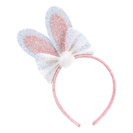 Xepeelo Pink Glitter Bunny Headbands,Easter Hairbands for Women,Cute Rabbit Ear Hair Hoop,White Shiny Bow Design Girl Hair Accessories for Easter Party Animal Makeup (Pink)