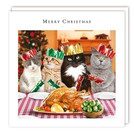 Tracks Festive Cats Family Christmas Turkey Dinner Rainbow Trust Charity Christmas Pack of 10 Cards Publishing - XBS044