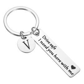 PATIKIL Drive Safe Keychain, 1 Set Letter V Keychain I Need You Here with Me Custom Keychain with Gift Box for Him Christmas Valentines Day Gifts, Silver