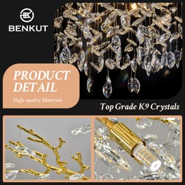 Benkut Modern Tree Branch Chandelier Luxury Gold Crystal Pendant Lighting 23.6" Contemporary 8-Light Chandeliers for Dining Room Kitchen Bedroom Living Room