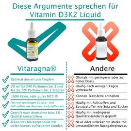 VITARAGNA Vitamin-D und Vitamin-K Forte D3K2 Tropfen flüssig, hochdosiertes Liquid in MCT-Öl gelöst und bioaktiver MK7 Form - 20ml, clean, glutenfrei, sojafrei