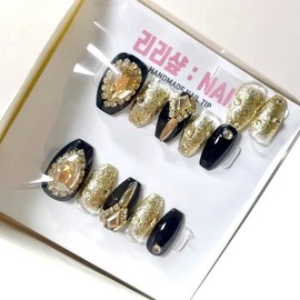 Queen of Gold Full Stone Handmade Nail Tips - Half and Half / 골드의 여왕 풀스톤 수제네일팁 - 반반