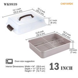 CHEFMADE Roasting Pan with Rack, 13-Inch Non-Stick Rectangular Deep Dish Oven-BBQ Bakeware for Oven Baking 9" x 13" x 2.4" (Champagne Gold)
