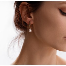Pearl Hoop Earrings for Women Trendy,Dainty 14k Gold Pearl Dangle Earrings Gold Hypoallergenic Pearl Drop Earrings Cute Pearl Hoops Earrings Dangling Gold Pearl Jewelry for Women Gifts