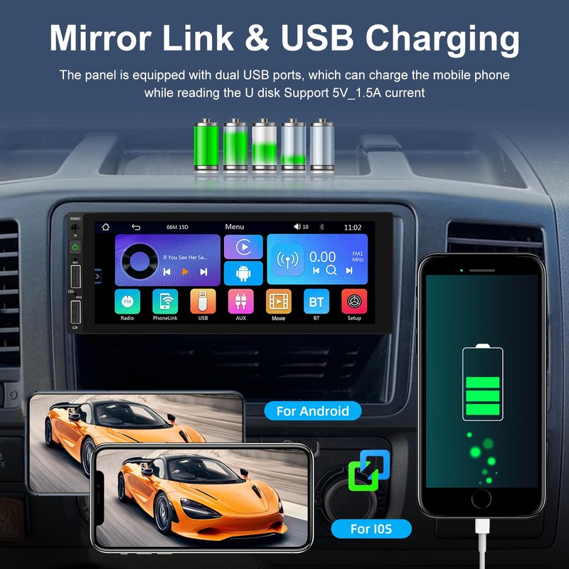 Single Din Car Stereo with Carplay and Android Auto -