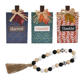 Wood Pumpkin Signs - Farmhouse Fall Decor - 9.5 x 5.5 inch and Wood Bead Garland with Tassel 4 Piece Set By Charmed By Dragons (Grateful Thankful Harvest)
