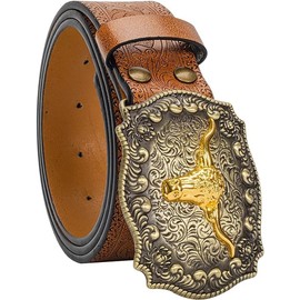 CaySep Western-Cowboy-Belts for Women Men Vintage Floral-Engraved Bull Head Buckle Cowgirl-Waist-Belt for 64 to 97cm Waist