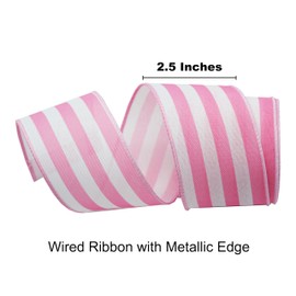 2.5" White and Pink Striped Burlap Wired Ribbon, Floral Arrangement, 10 Yards Gift Wrapping, Wreath, Bows, Holiday, Craft Wired Edge Ribbon (Pink&White)