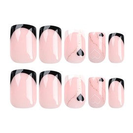 Valentine's Day Press on Nails Short Square - French Tip Stripes Press on Nails,Glossy Pink Fake Nails with Gold Glitter Curve Manicure Design Artificial Nails Full Cover Stick on Nails Short Square