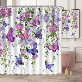 chiinvent Purple Butterfly Shower Curtains for Bathroom, Spring Butterflies Rustic Floral Shower Curtain with 12 Hooks, Machine Washable Waterproof Fabric, 72X72 Inches
